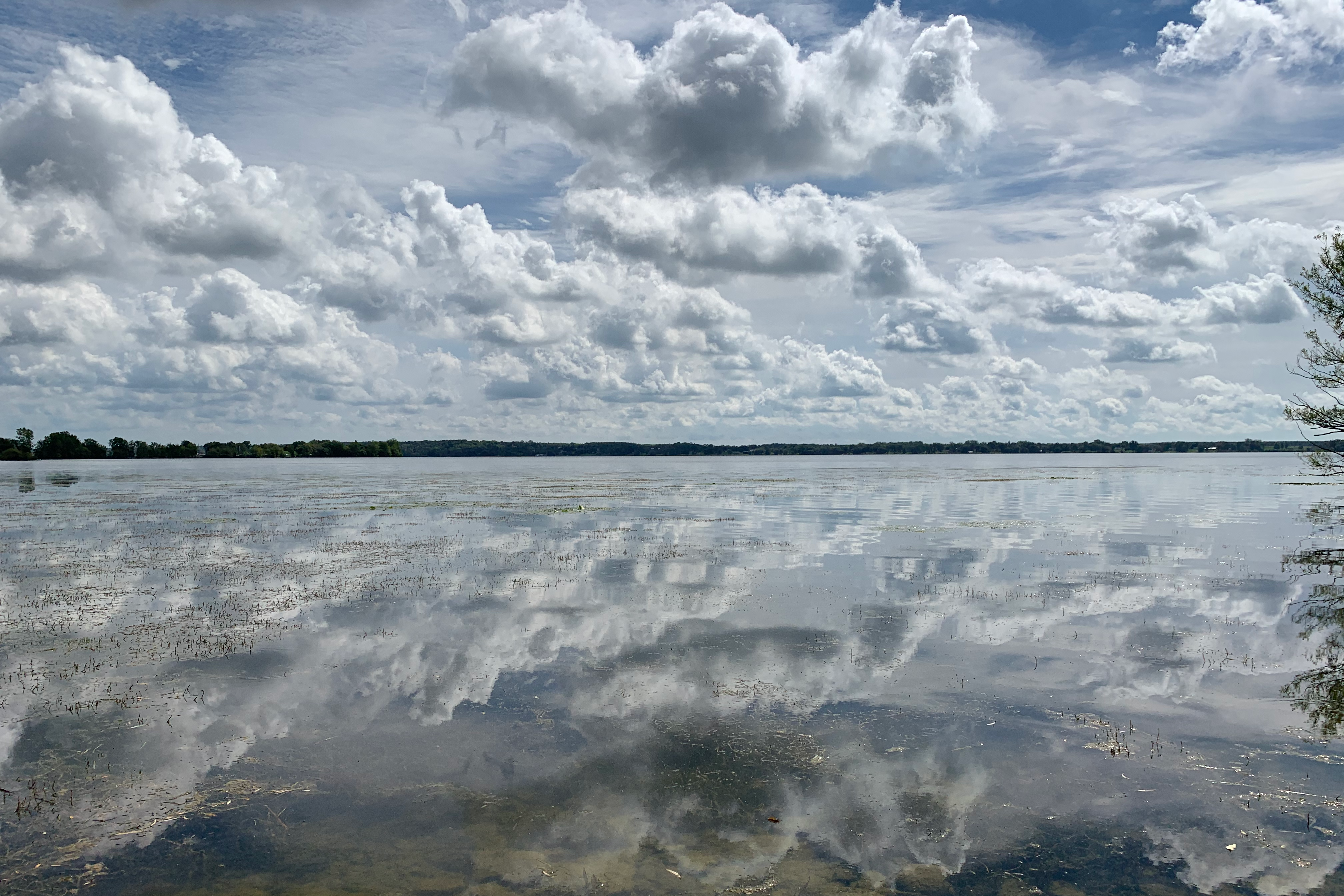 A photo of a cloudy sky reflected in the water